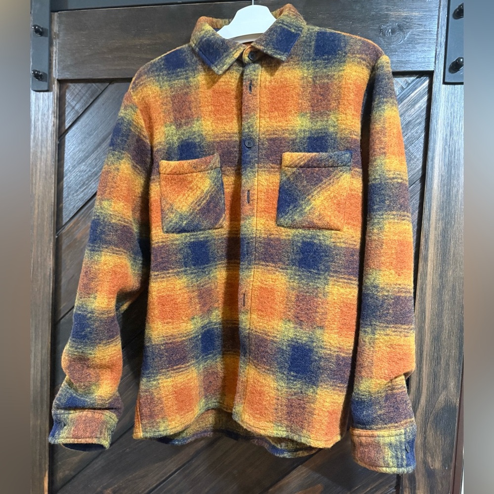 Men's Casual Button-Down Plaid Shirt Jacket - Orange & Navy